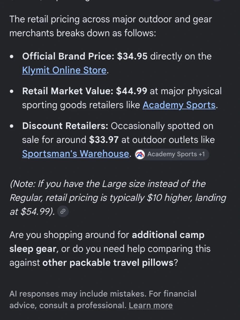 Klymit Drift Camping Pillow – Sage Green Travel Pillow